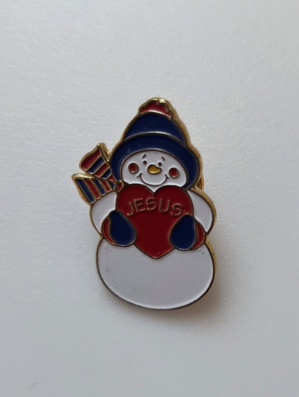 Vintage Snowman Pin Holding "JESUS" Heart - Red, Blue & White Enamel Pin